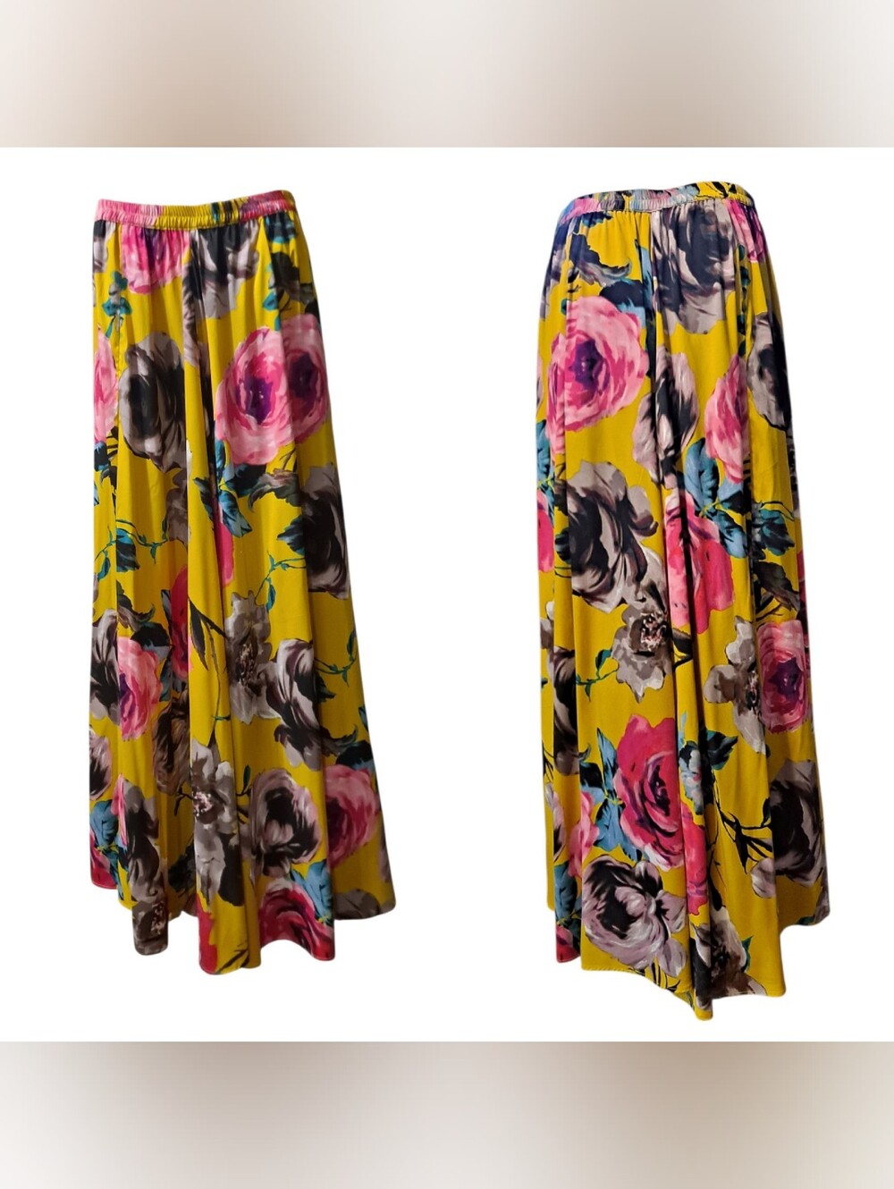 Curio Yellow Floral Maxi Skirt with Pink Rose Print